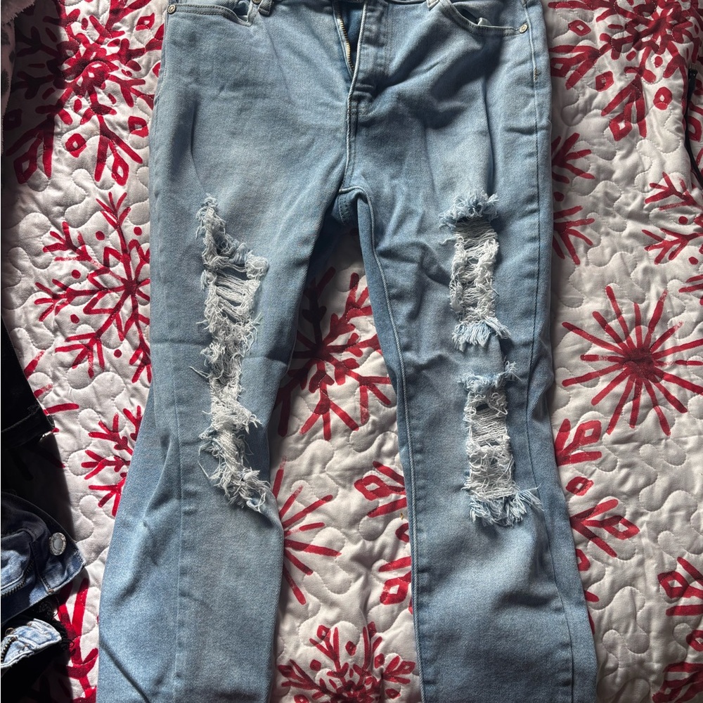 BAMBOO Light Blue Distressed Straight Leg Jeans